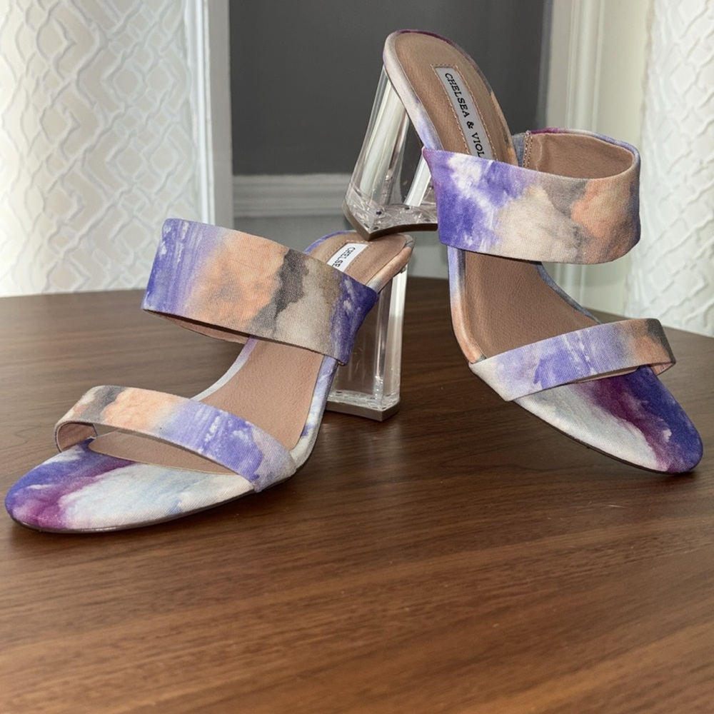 Chelsea & Violet Purple and Peach Tie-Dye Lucite Heel Sandals